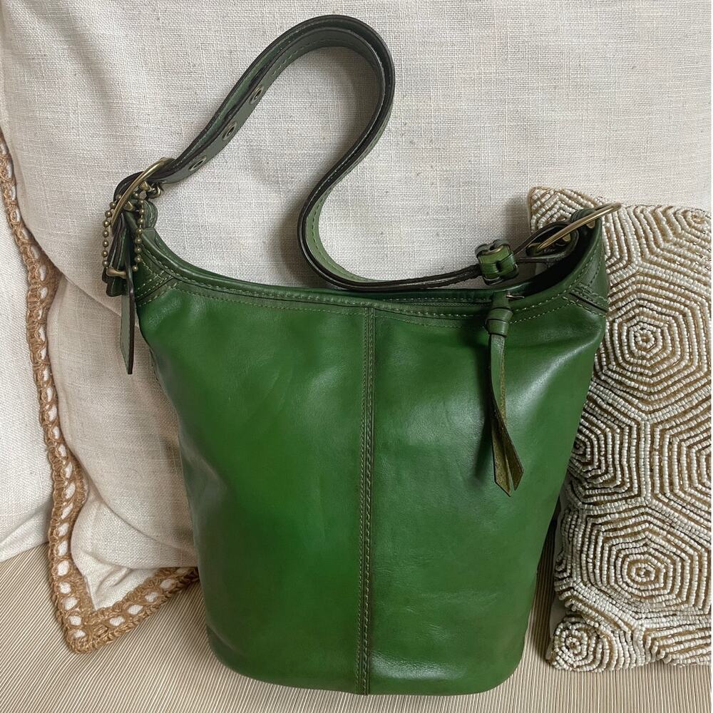 RARE Coach Bleecker Bucket Bag 11422 Moss Green Leather Tattersall Shoulder Bag